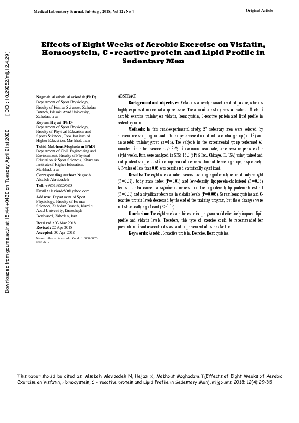 (PDF) Effects of Eight Weeks of Aerobic Exercise on Visfatin ...