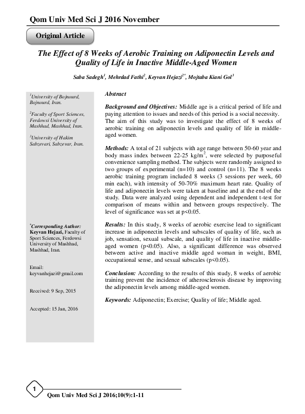 (PDF) The Effect of 8 Weeks of Aerobic Training on Adiponectin Levels ...