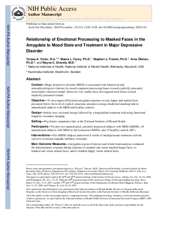 (PDF) Relationship Between Amygdala Responses to Masked Faces and Mood ...