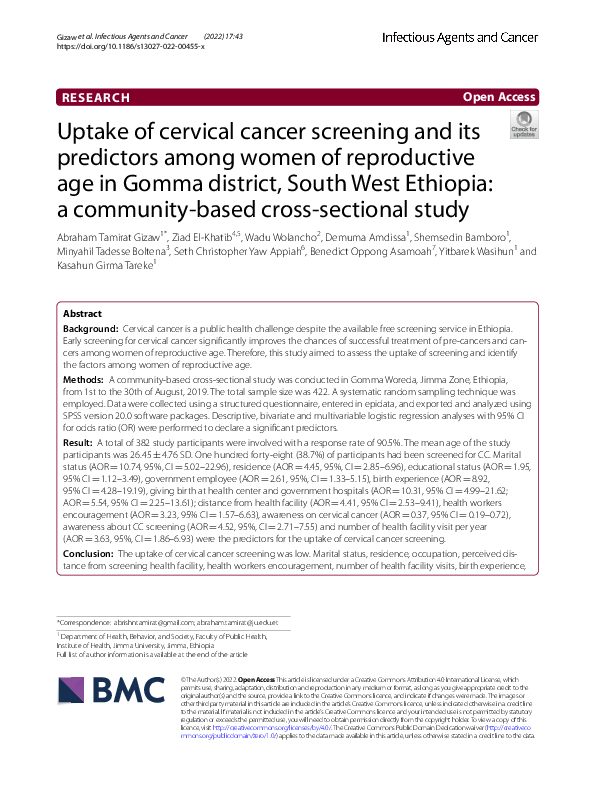 (PDF) Uptake of cervical cancer screening and its predictors among ...