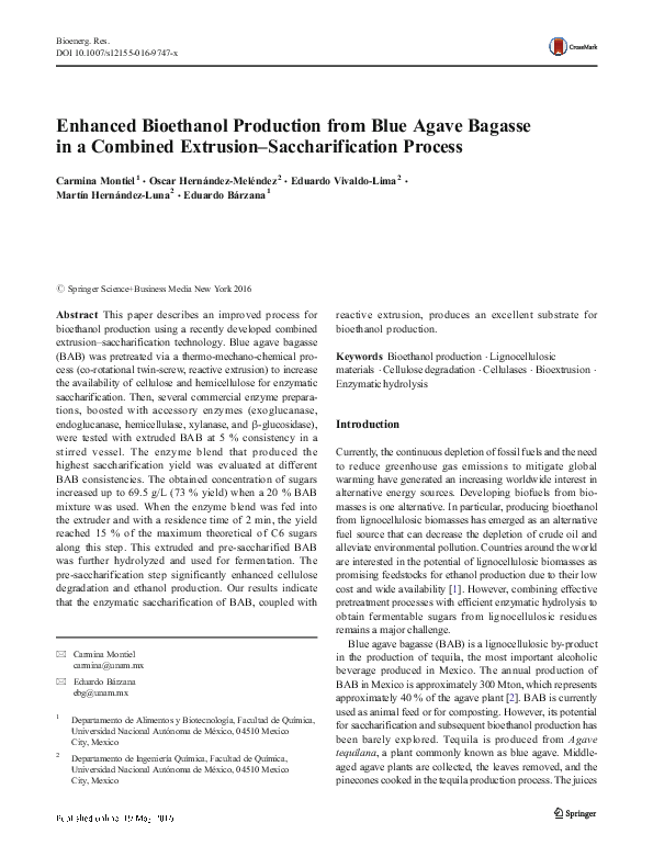 (PDF) Enhanced Bioethanol Production from Blue Agave Bagasse in a ...