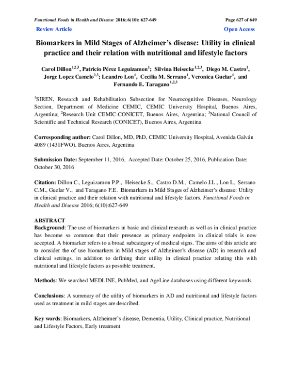 (PDF) Biomarkers in Mild Stages of Alzheimer’s disease: Utility in ...