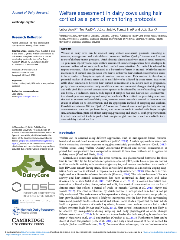(PDF) Welfare assessment in dairy cows using hair cortisol as a part of ...