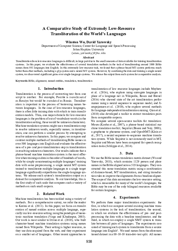(PDF) A Comparative Study of Extremely Low-Resource Transliteration of ...