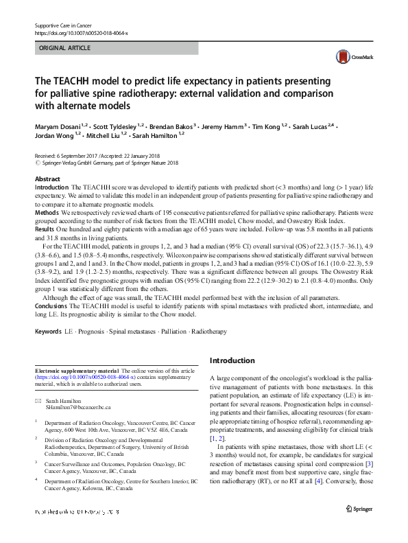 (PDF) The TEACHH model to predict life expectancy in patients ...