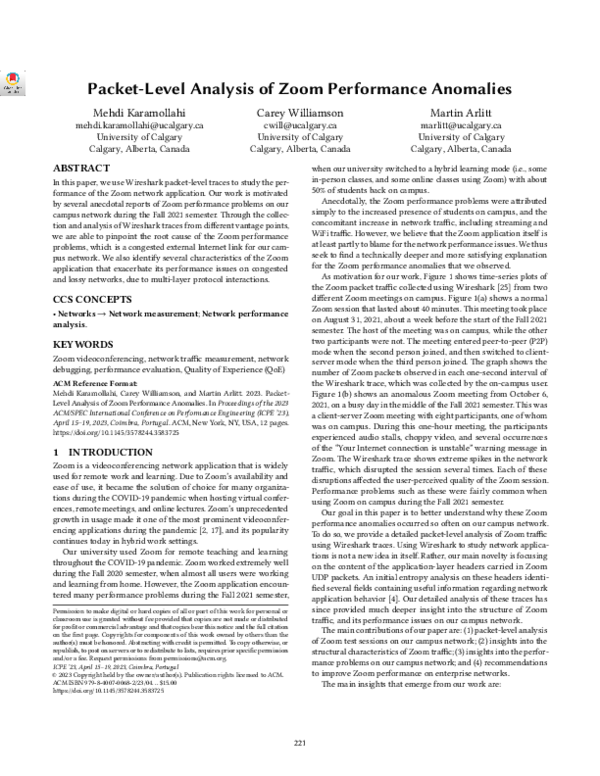 (PDF) Packet-Level Analysis of Zoom Performance Anomalies
