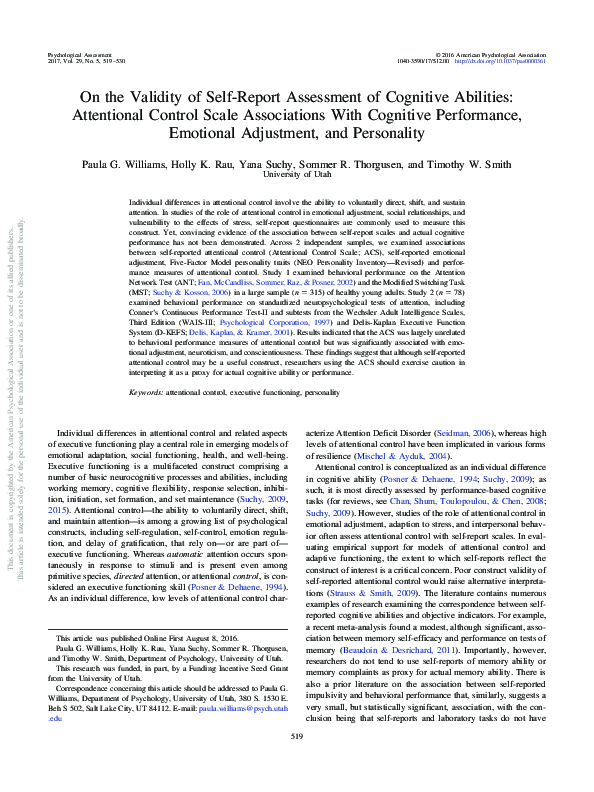 (PDF) On the Validity of Self-Report Assessment of Cognitive Abilities ...