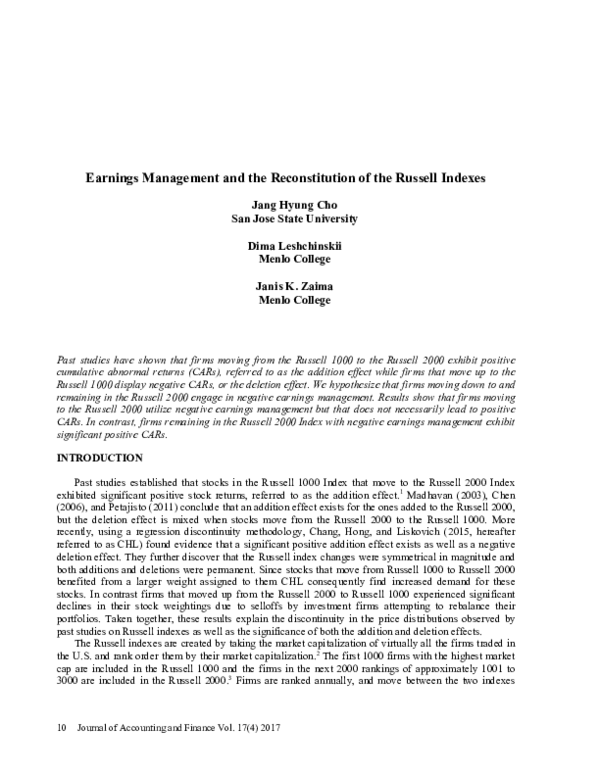 (PDF) Earnings Management and the Reconstitution of the Russell Indexes