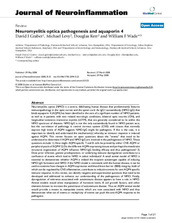 (PDF) Neuromyelitis optica pathogenesis and aquaporin 4