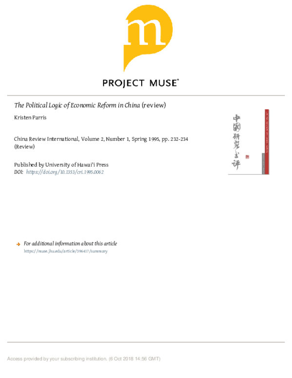 (PDF) The Political Logic of Economic Reform in China (review)