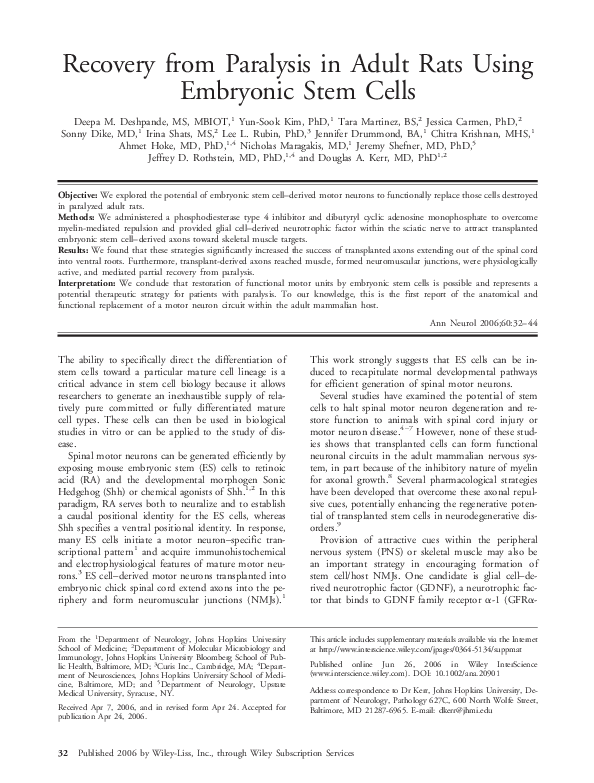 (PDF) Recovery from paralysis in adult rats using embryonic stem cells