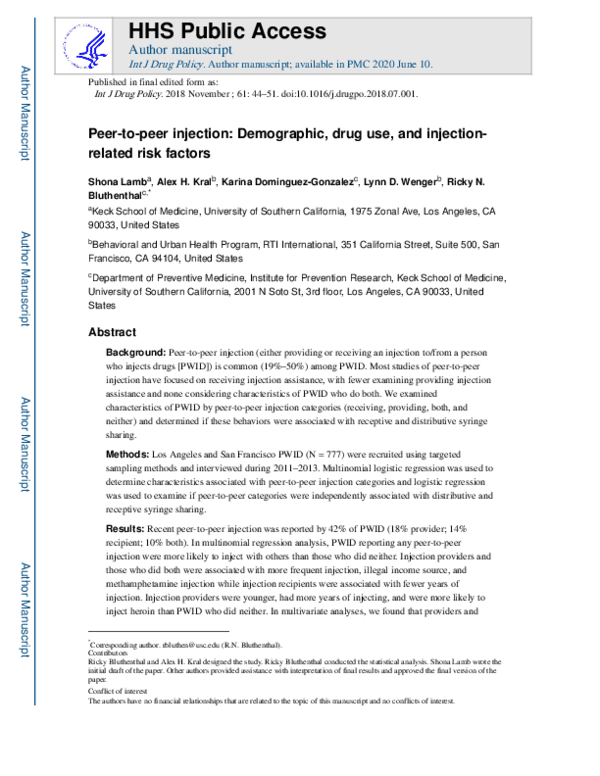 (PDF) Peer-to-peer injection: Demographic, drug use, and injection ...