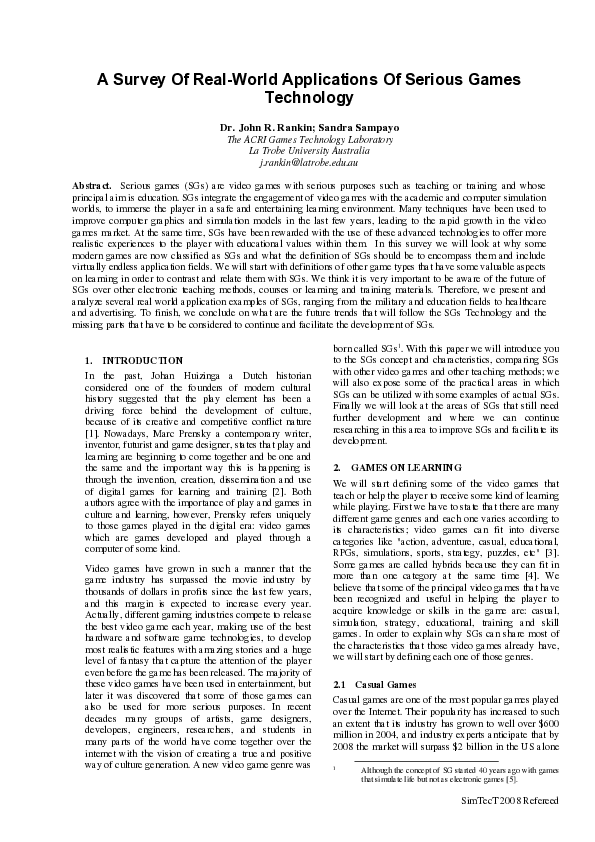 (PDF) A Survey Of Real-World Applications Of Serious Games Technology