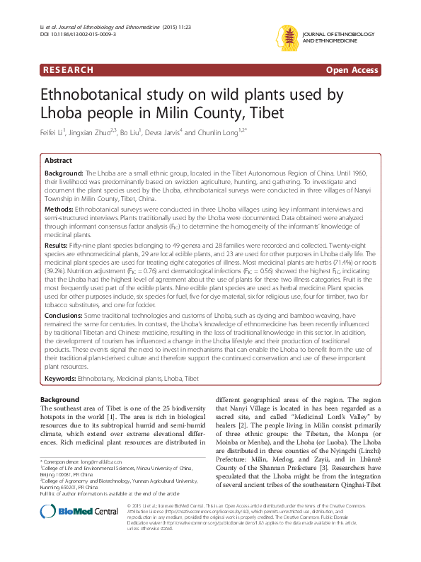 (PDF) Ethnobotanical study on wild plants used by Lhoba people in Milin ...