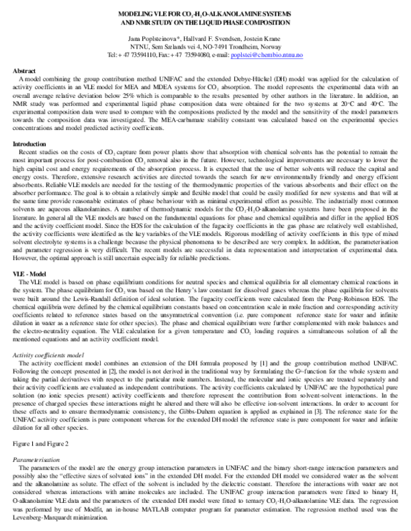 (PDF) Modeling VLE for CO2-H2O-alkanolamine systems and NMR study on ...