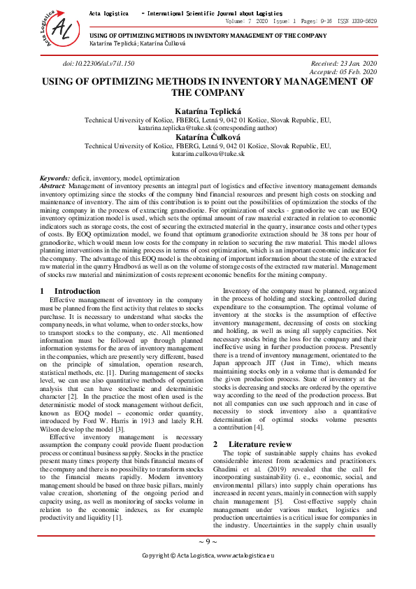 (PDF) Using of Optimizing Methods in Inventory Management of the Company