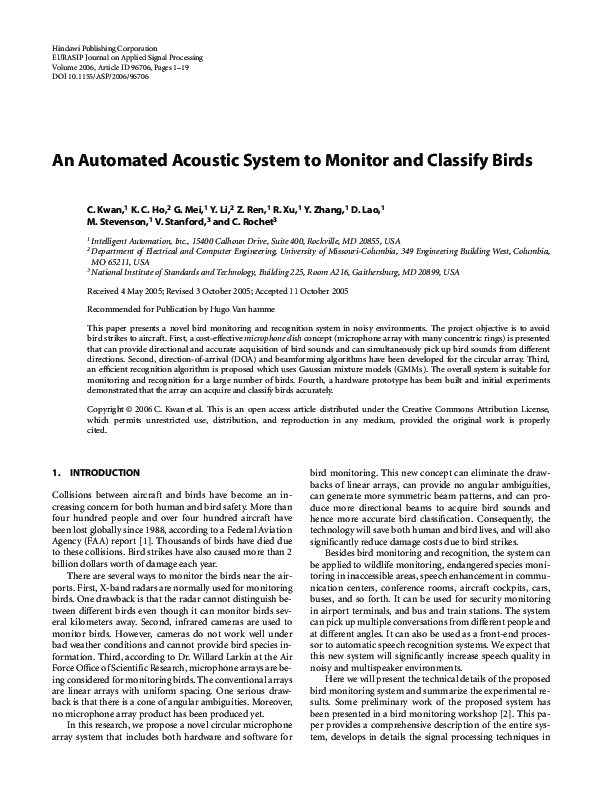 (PDF) An Automated Acoustic System to Monitor and Classify Birds
