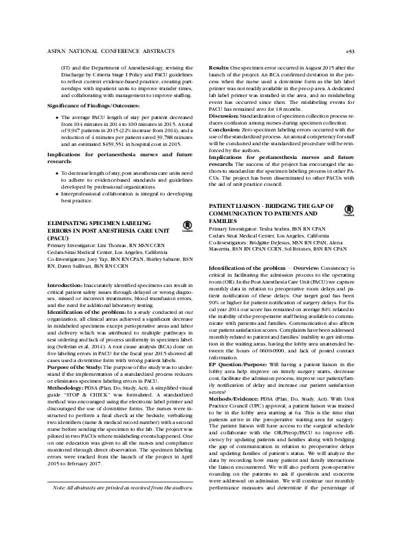 (PDF) Eliminating Specimen Labeling Errors in Post Anesthesia Care Unit ...