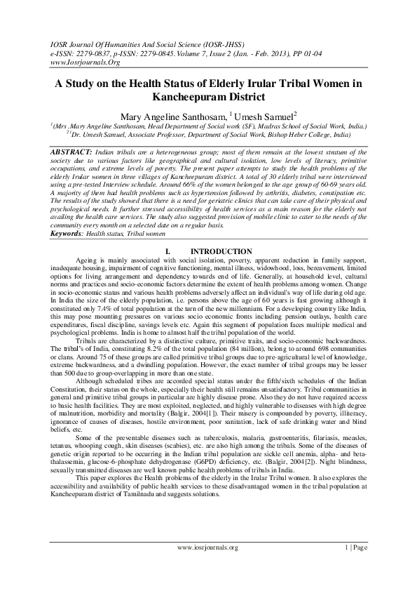(PDF) A Study on the Health Status of Elderly Irular Tribal Women in ...