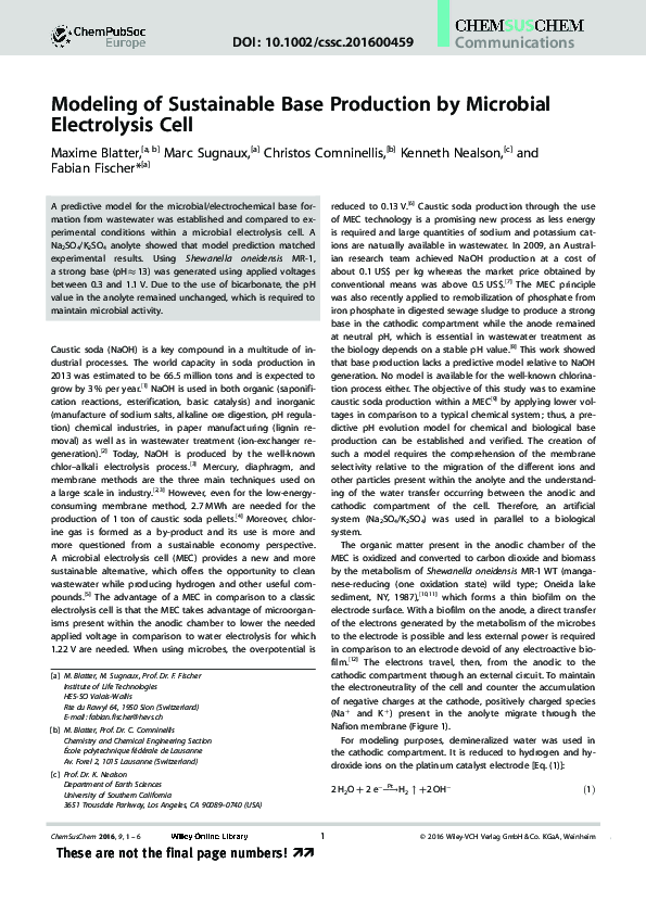 (PDF) Modeling of Sustainable Base Production by Microbial Electrolysis ...