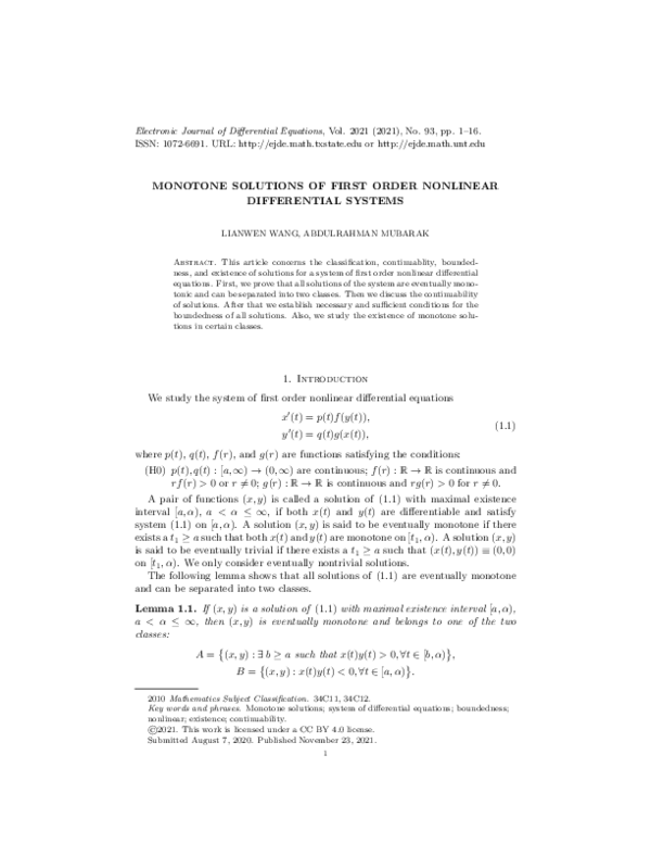 (PDF) Monotone solutions of first order nonlinear differential systems