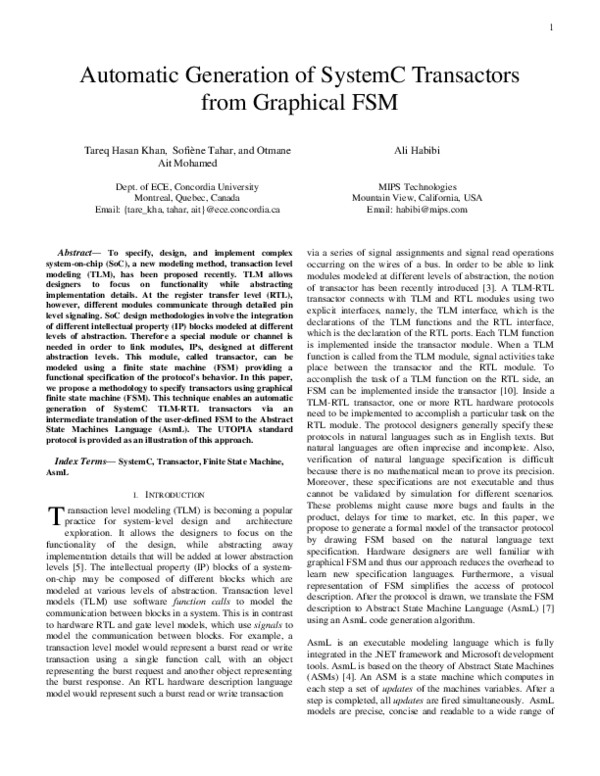 (PDF) Automatic generation of systemc transactors from graphical FSM