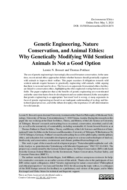 (PDF) Genetic Engineering, Nature Conservation, and Animal Ethics: Why ...