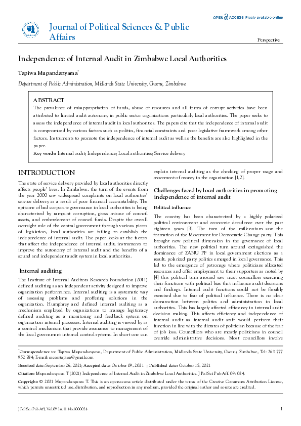 (PDF) Independence of Internal Audit in Zimbabwe Local Authorities