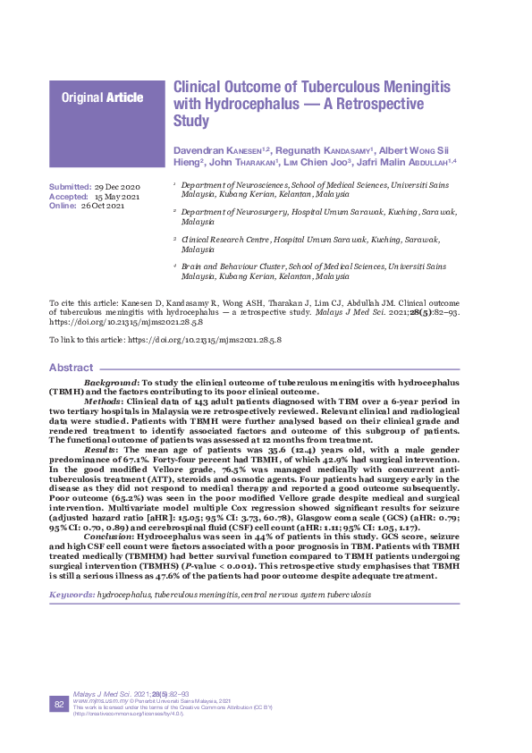 (PDF) Clinical Outcome of Tuberculous Meningitis with Hydrocephalus — A ...