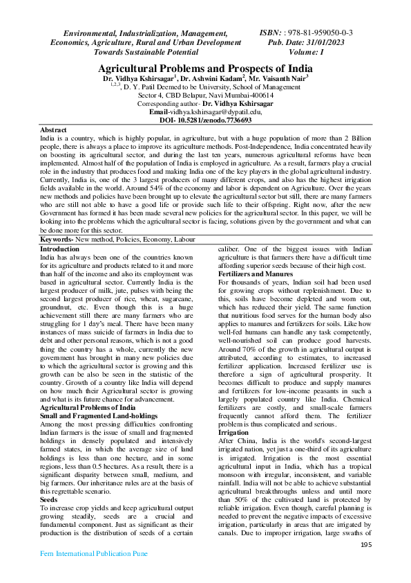 (PDF) Agricultural Problems and Prospects of India