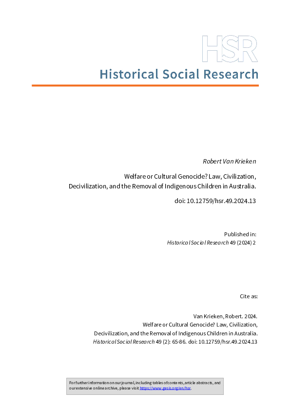 Welfare or Cultural Genocide? Law, Civilization, Decivilization, and the Removal of Indigenous Children in Australia