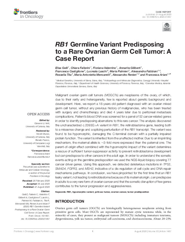 (PDF) RB1 Germline Variant Predisposing to a Rare Ovarian Germ Cell ...