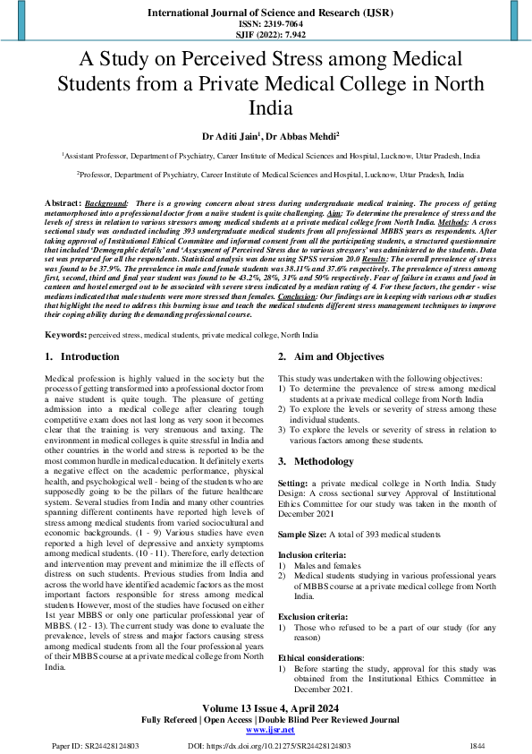 (PDF) A Study on Perceived Stress among Medical Students from a Private ...