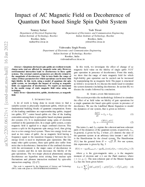 (PDF) Impact of AC Magnetic Field on Decoherence of Quantum Dot based ...