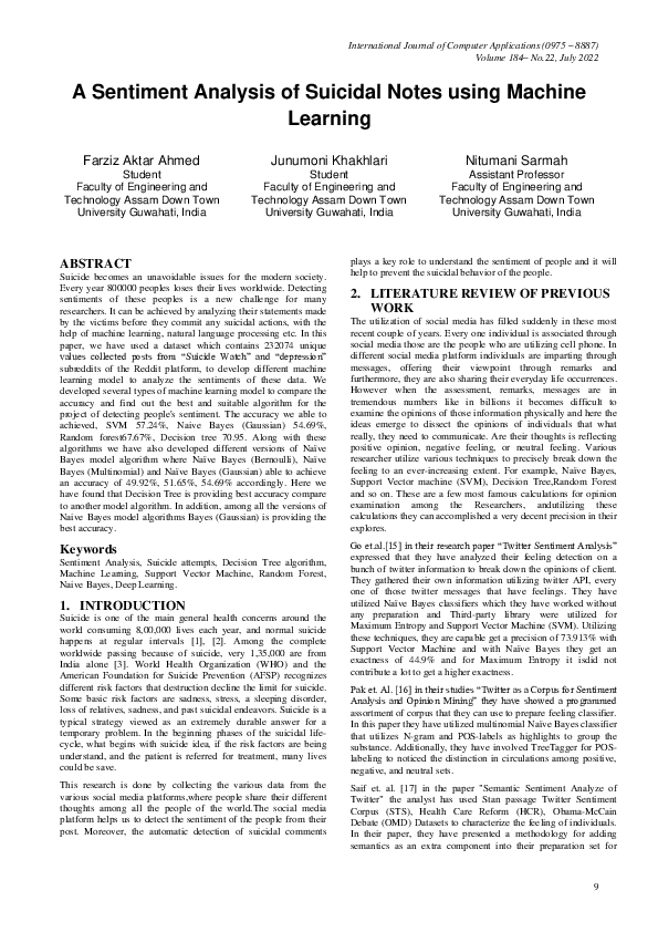 (PDF) A Sentiment Analysis of Suicidal Notes using Machine Learning