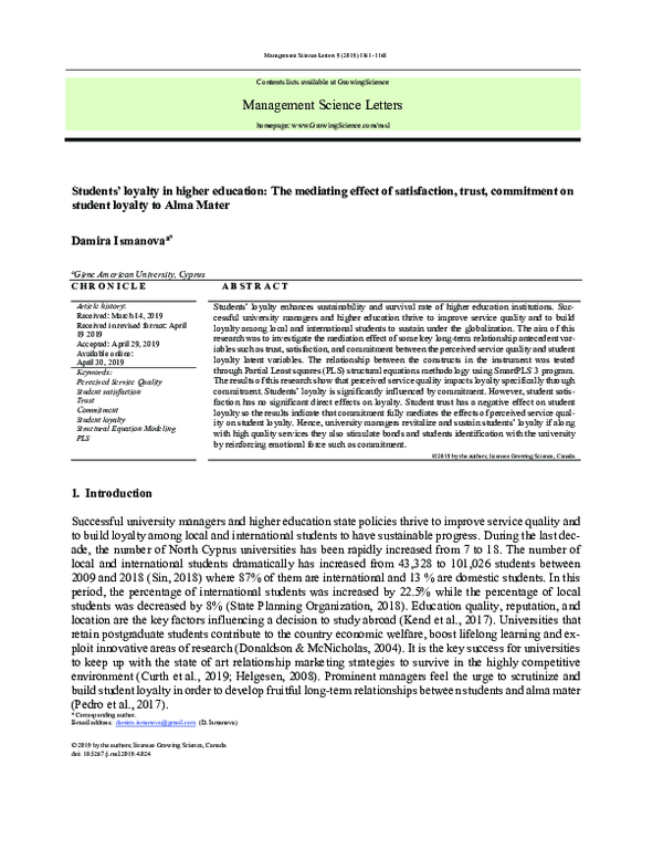 (PDF) Students’ loyalty in higher education: The mediating effect of ...