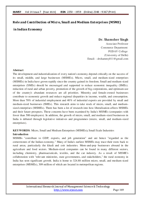 (PDF) Role and Contribution of Micro, Small and Medium Enterprises ...
