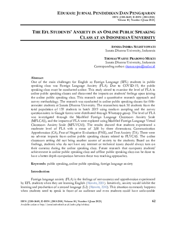 (PDF) The EFL Students’ Anxiety in an Online Public Speaking Class at ...