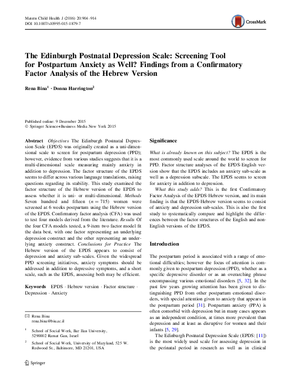 (PDF) The Edinburgh Postnatal Depression Scale: Screening Tool for ...