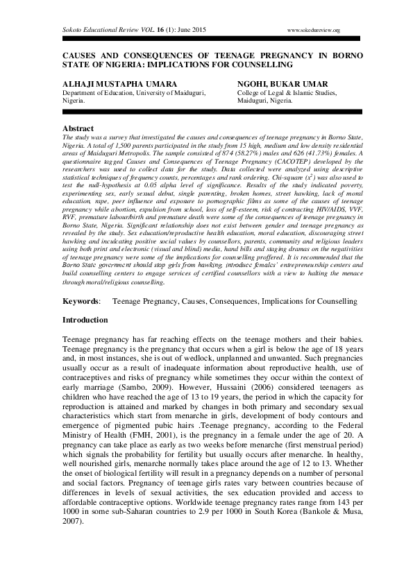 (PDF) Causes and Consequences of Teenage Pregnancy in Borno State of ...