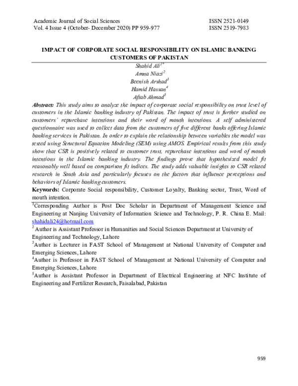 (PDF) Impact of Corporate Social Responsibility on Islamic Banking ...