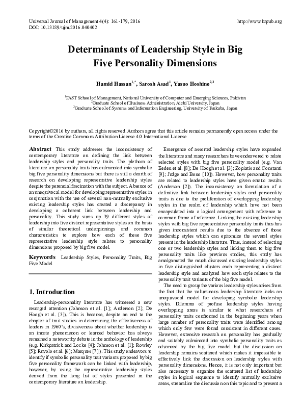 (PDF) Determinants of Leadership Style in Big Five Personality Dimensions
