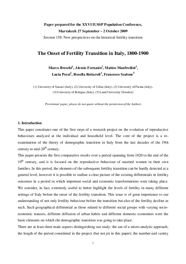 (PDF) The Onset of Fertility Transition in Italy, 1800-1900