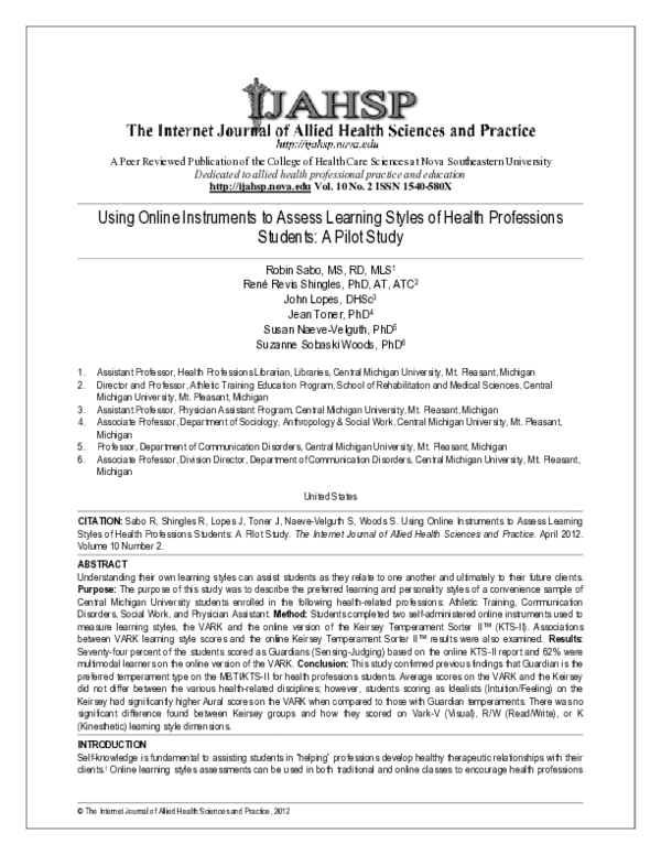 (PDF) Using Online Instruments to Assess Learning Styles of Health ...