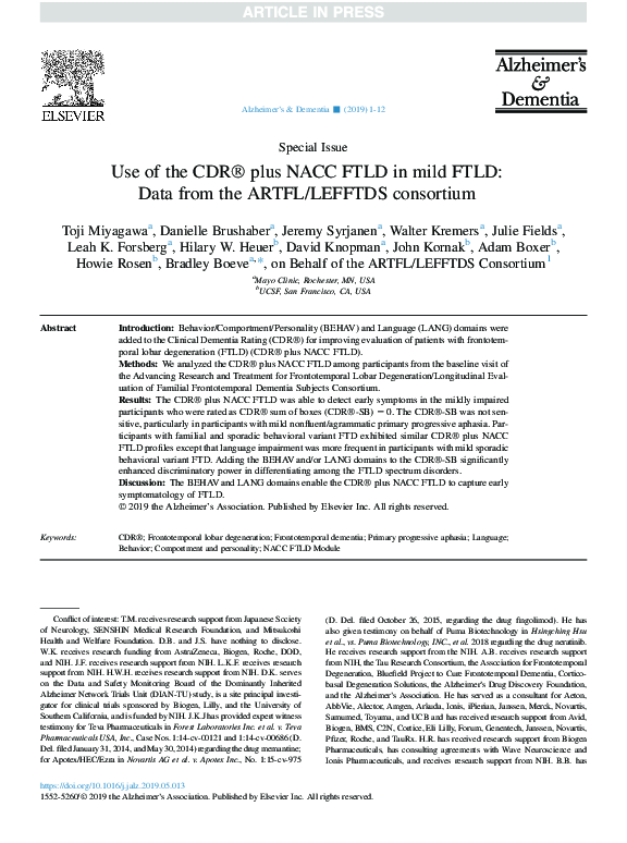 (PDF) Use of the CDR® plus NACC FTLD in mild FTLD: Data from the ARTFL ...
