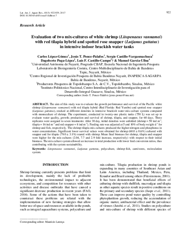 (PDF) Evaluation of two mix cultures of white shrimp (Litopenaeus ...