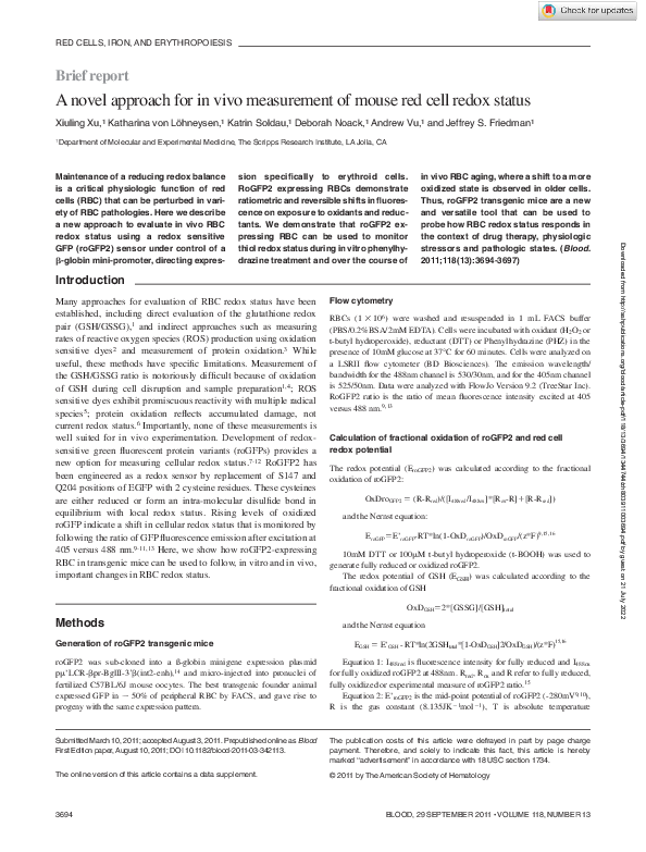 (PDF) A novel approach for in vivo measurement of mouse red cell redox ...