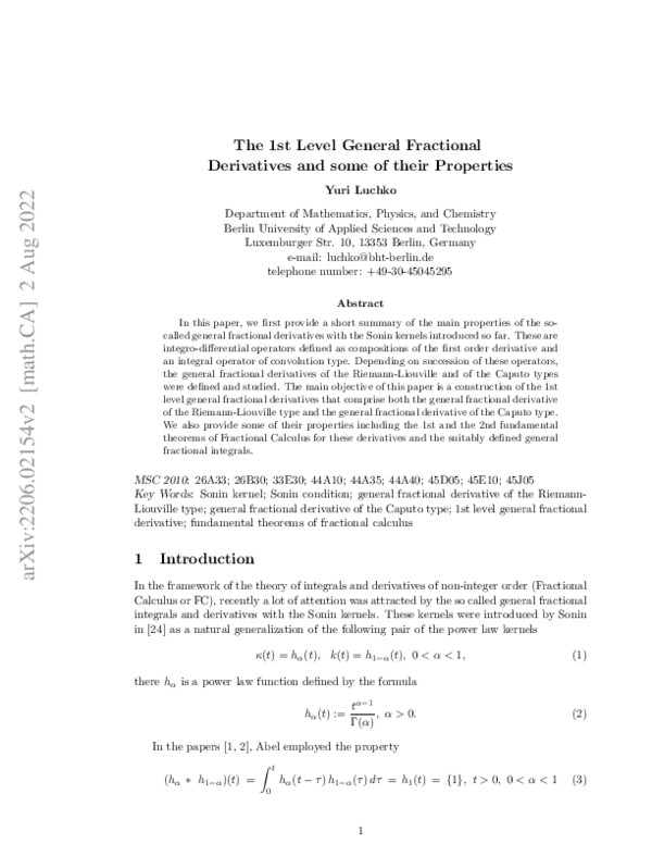 (PDF) The 1st Level General Fractional Derivatives and some of their ...