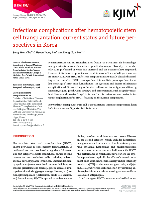 (PDF) Infectious complications after hematopoietic stem cell ...
