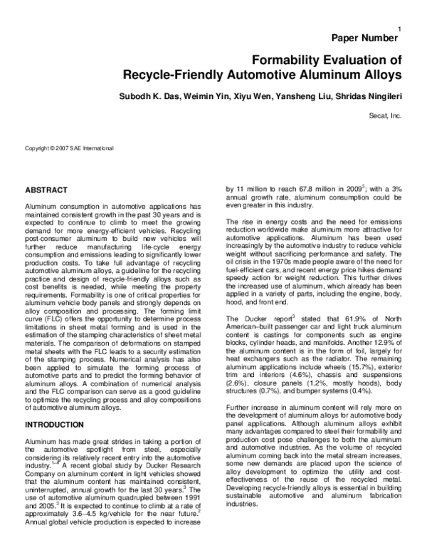 (PDF) Formability Evaluation of Recycle-Friendly Automotive Aluminum Alloys